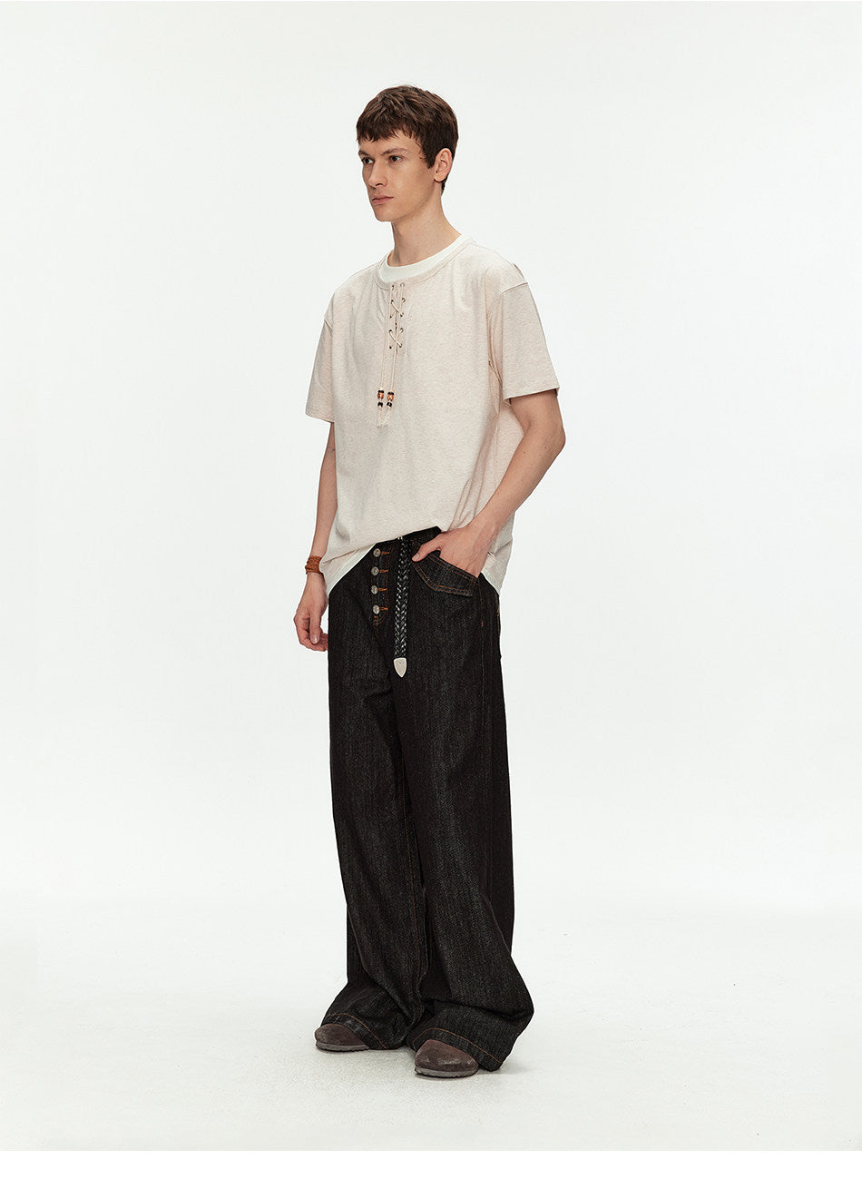 Off-Shoulder Fake Two-Piece T-Shirt with Beads