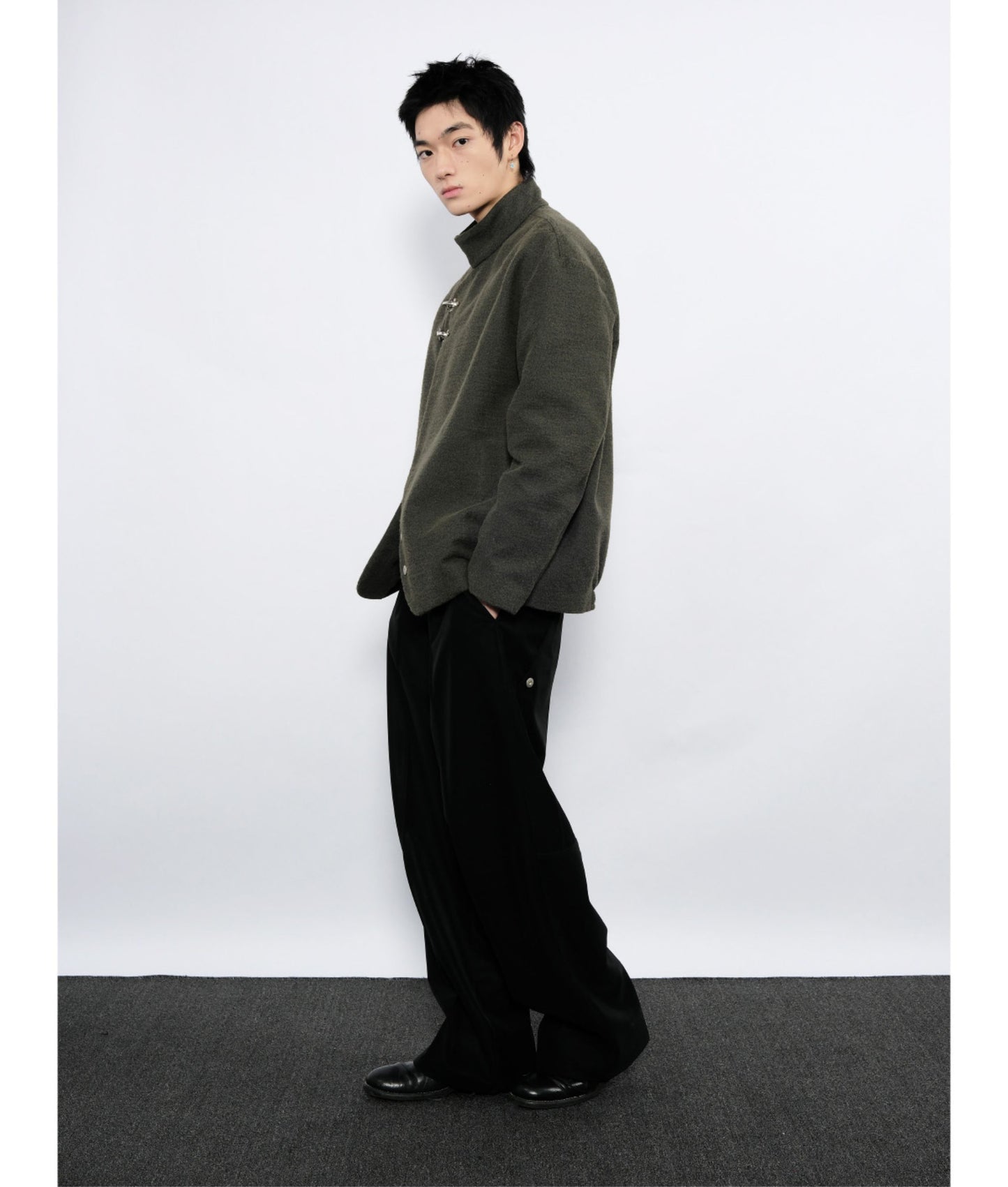 Wool jacket with diagonal front placket