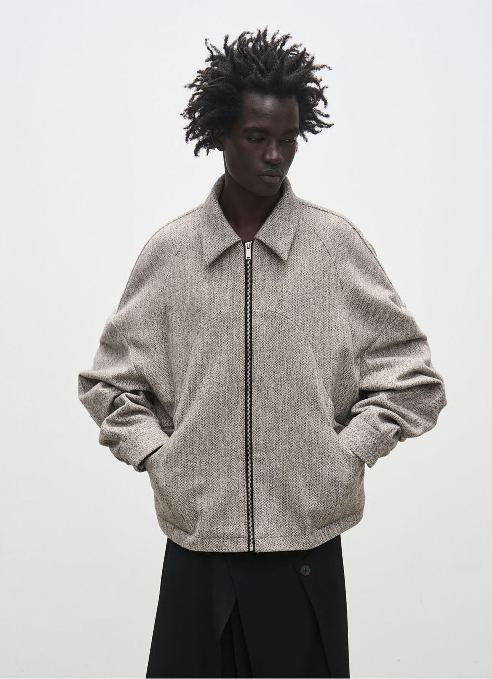 Ribbed Shoulder Wool-blend Jacquard Short Jacket
