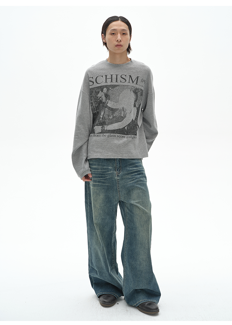 Washed damaged denim pants