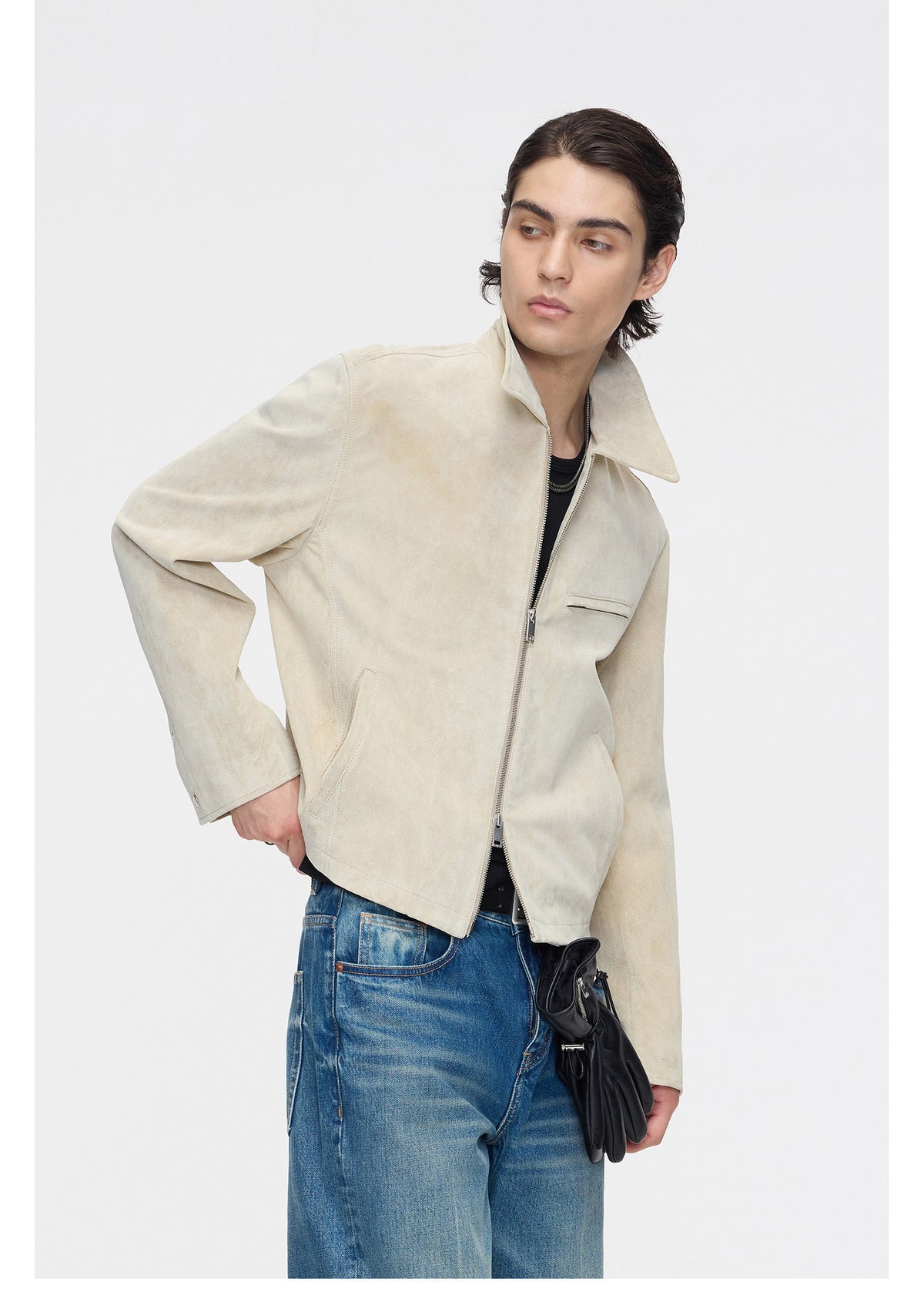 Suede Lapel Zipper Leather Jacket