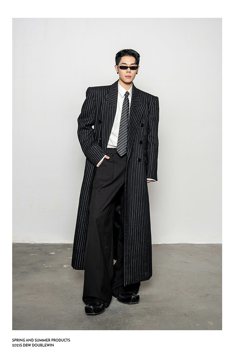 Wool Blend Striped Long Coat