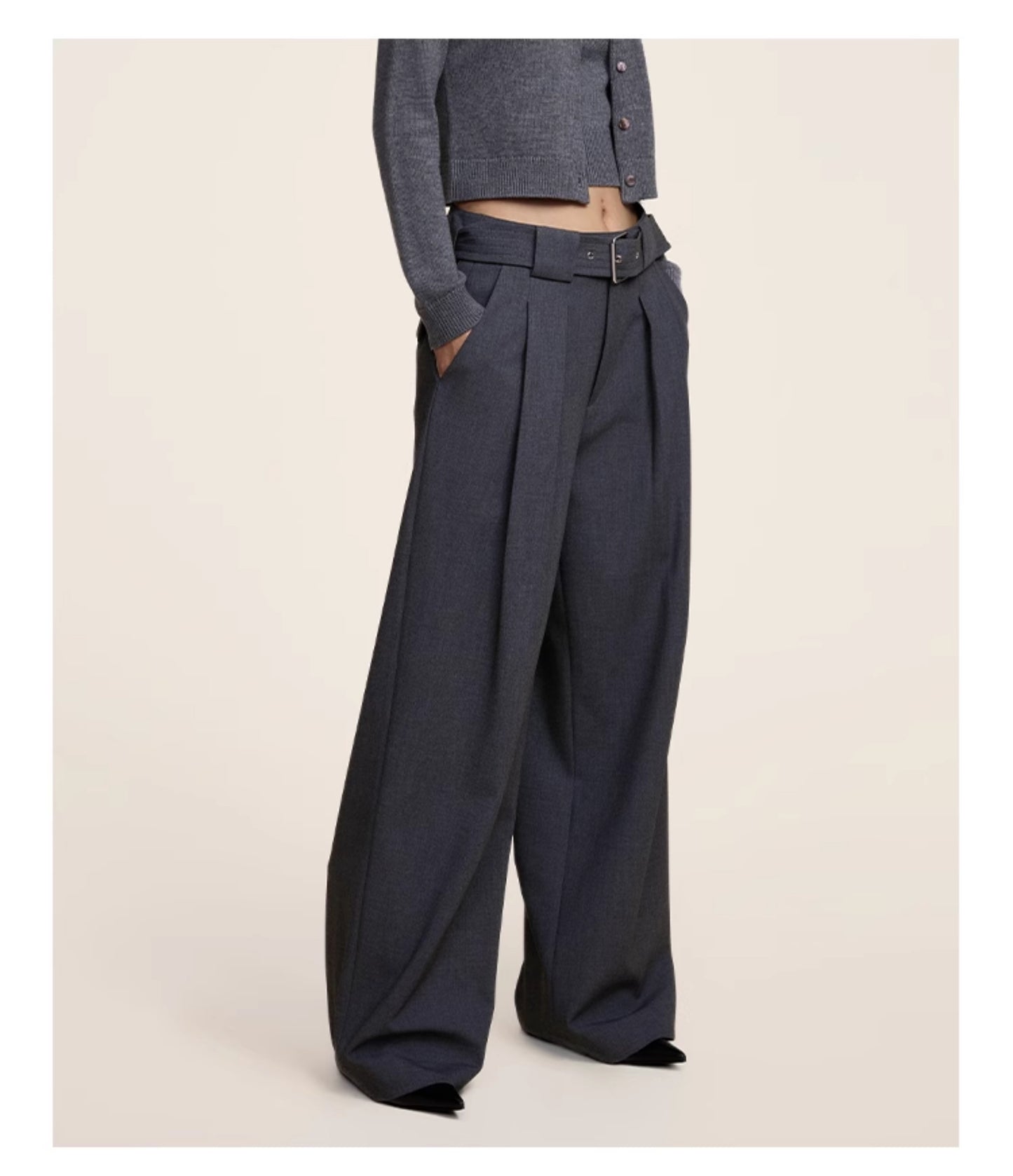 Belt Pleated Loose Straight Casual Pants