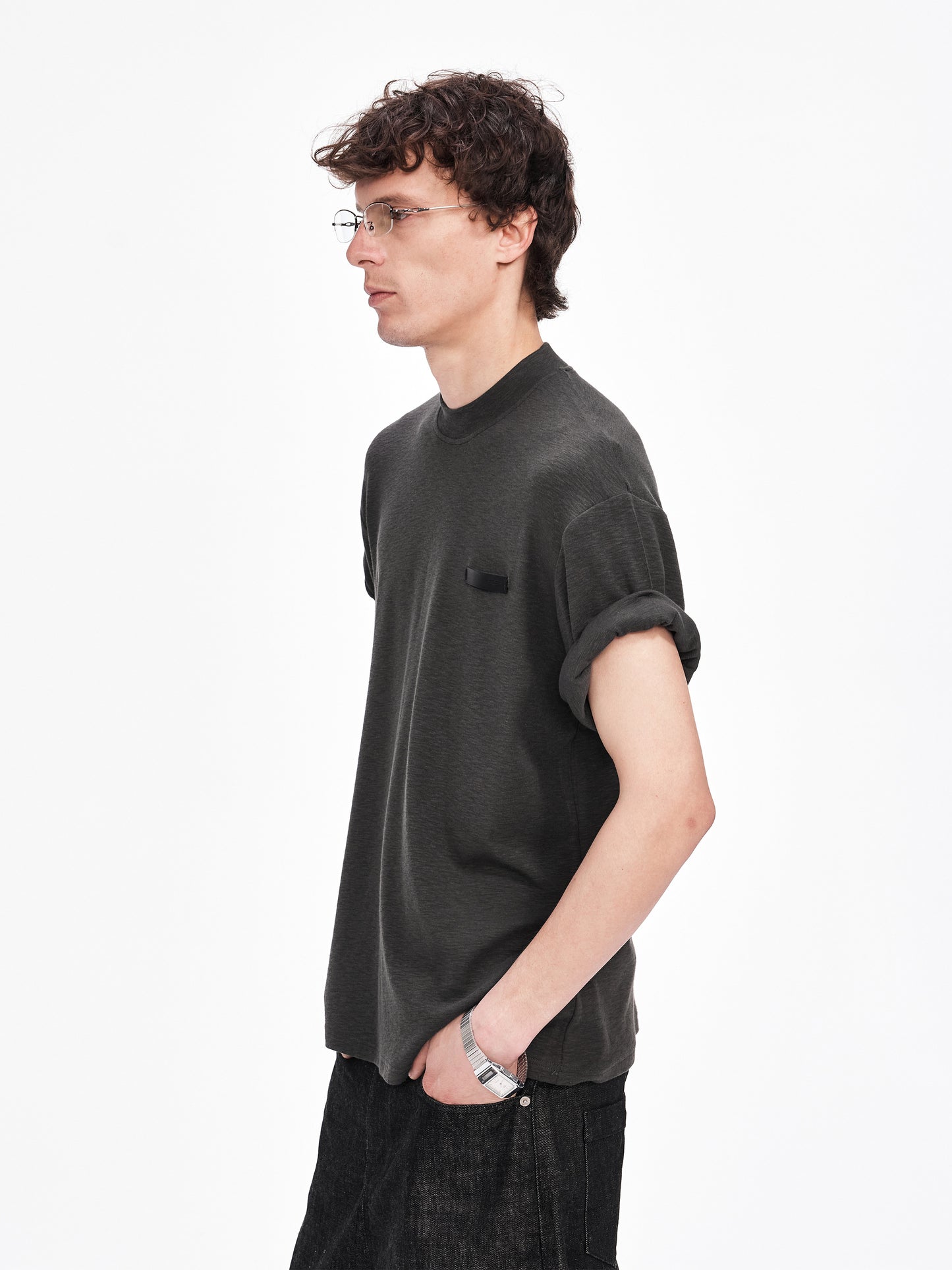 Roll-Sleeve T-Shirt with Leather Label