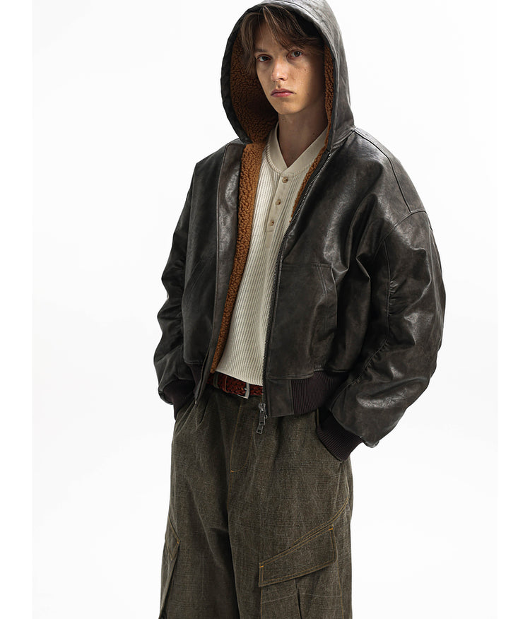 Oil wax short wide hooded jacket