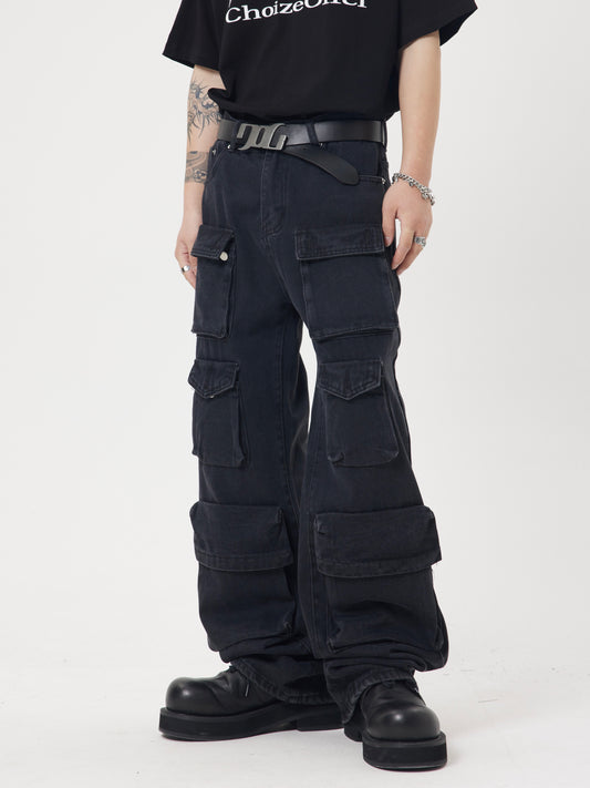 Retro pocket denim straight pants