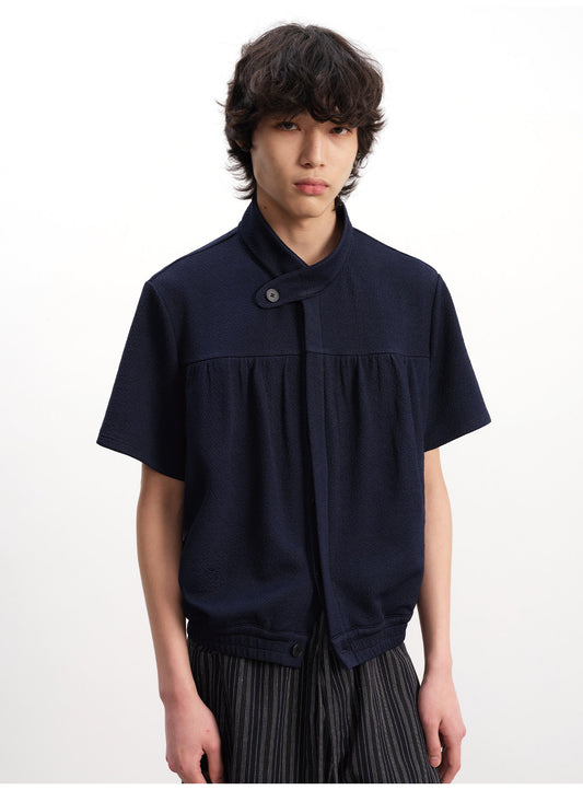 Stand-collar pleated shirt