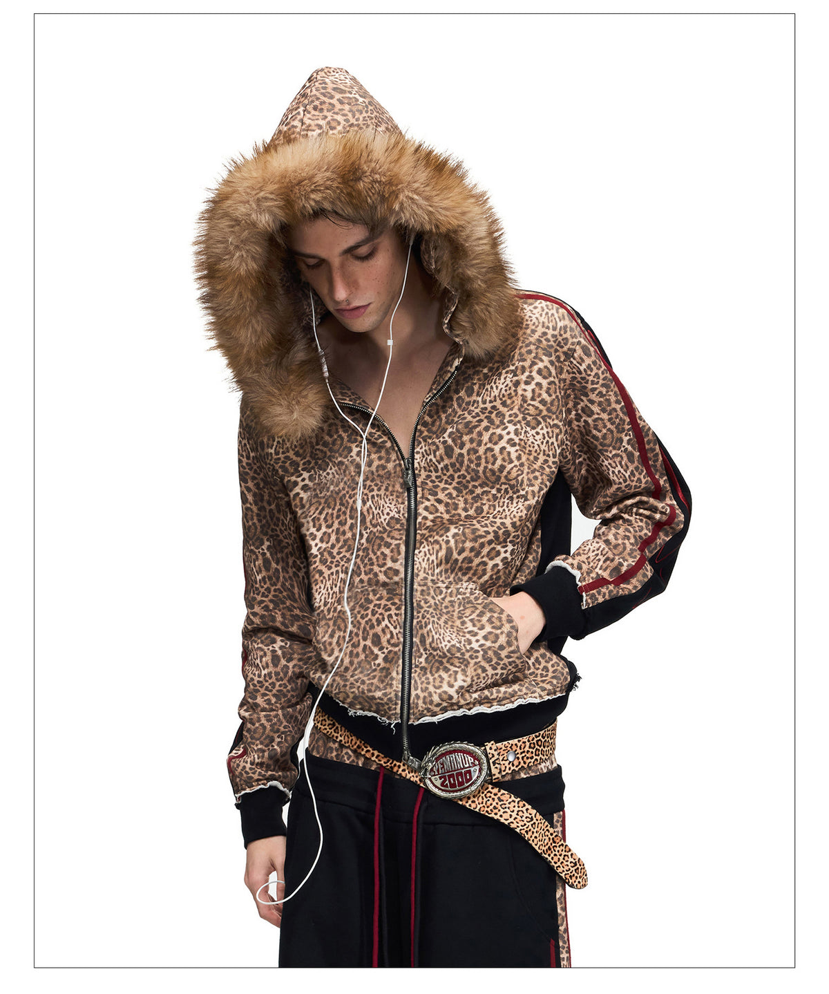 Leopard-Print Hooded Sweatshirt with Zipper