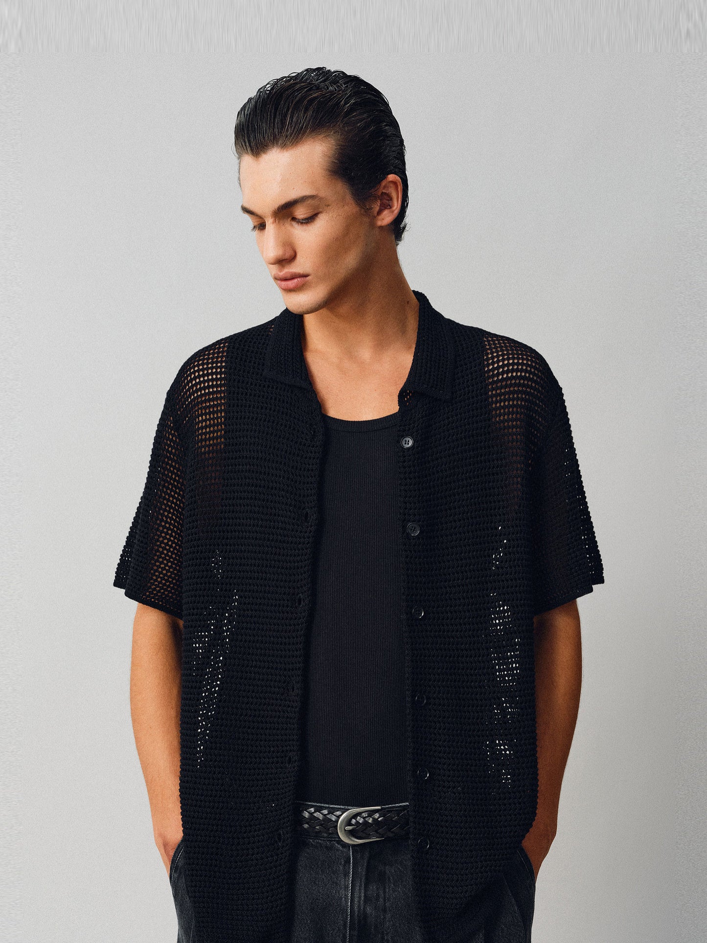 Hollow-knit Button-Down Shirt