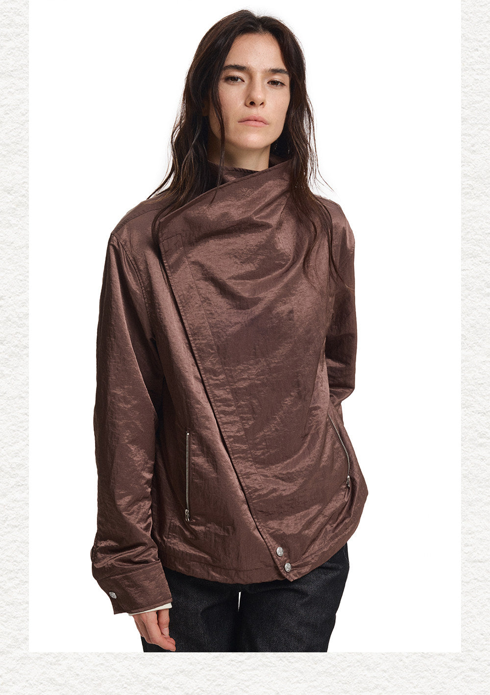 Cross-Button Diagonal Placket Stand-Collar Jacket