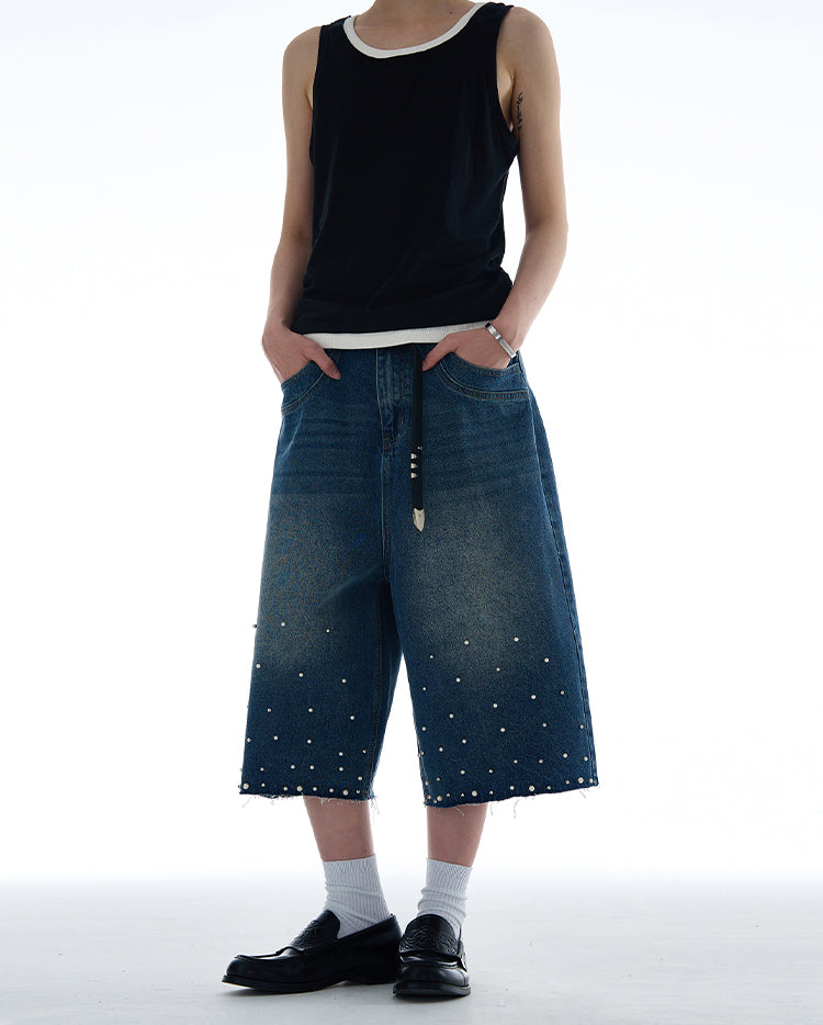 Niche pearl inlay design denim pants