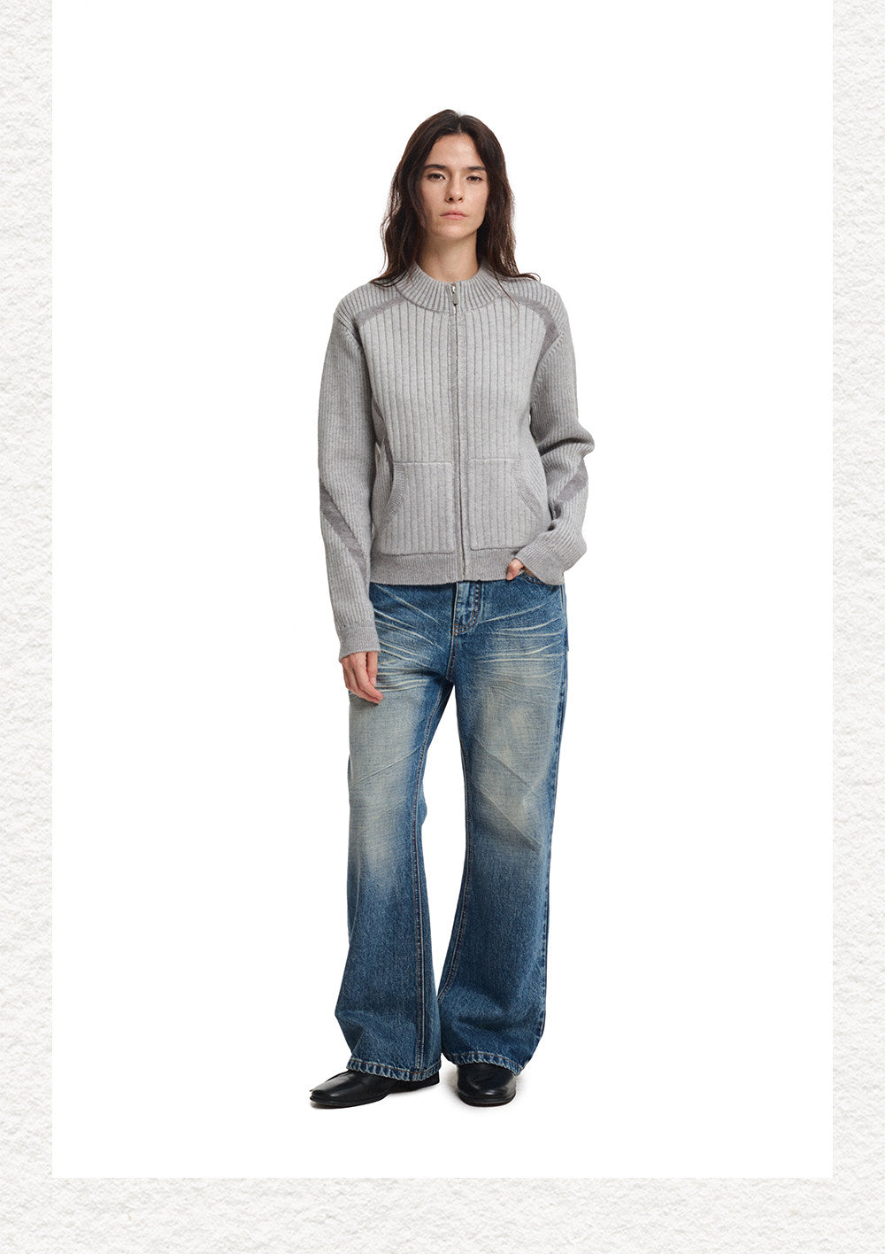 Slim Stand Collar Color-Block Zipper Knit Jacket