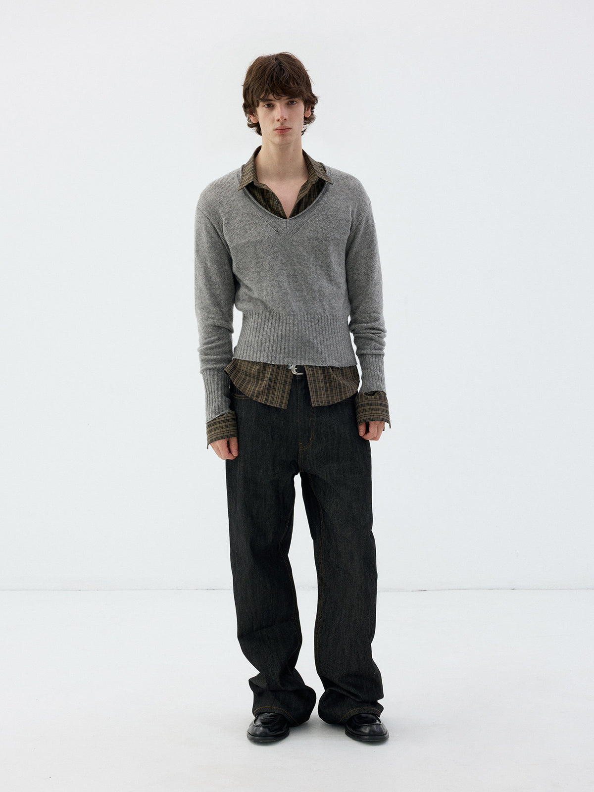 Wool Roll-Sleeve V-Neck Sweater