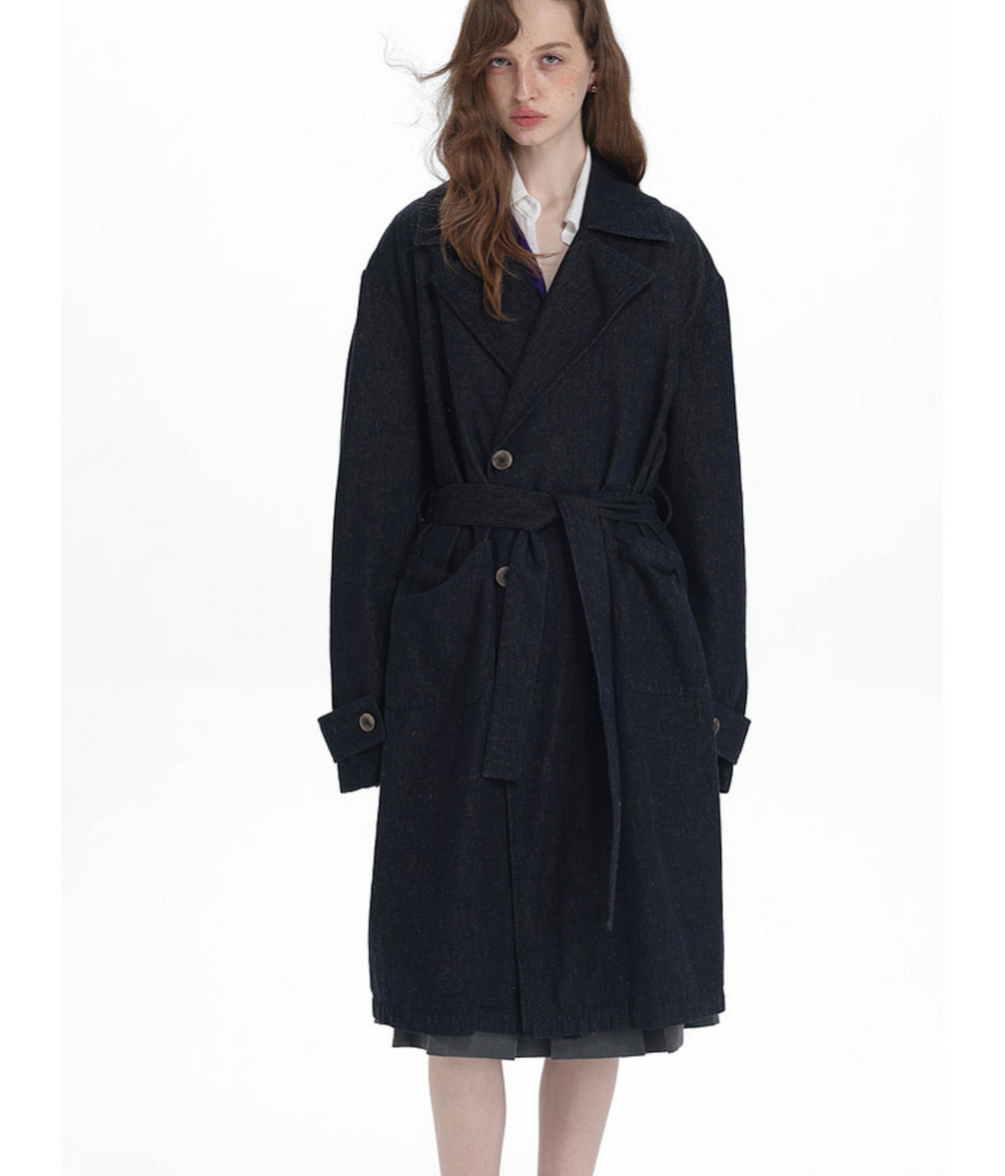 Linen-Blend Denim Trench Coat　
