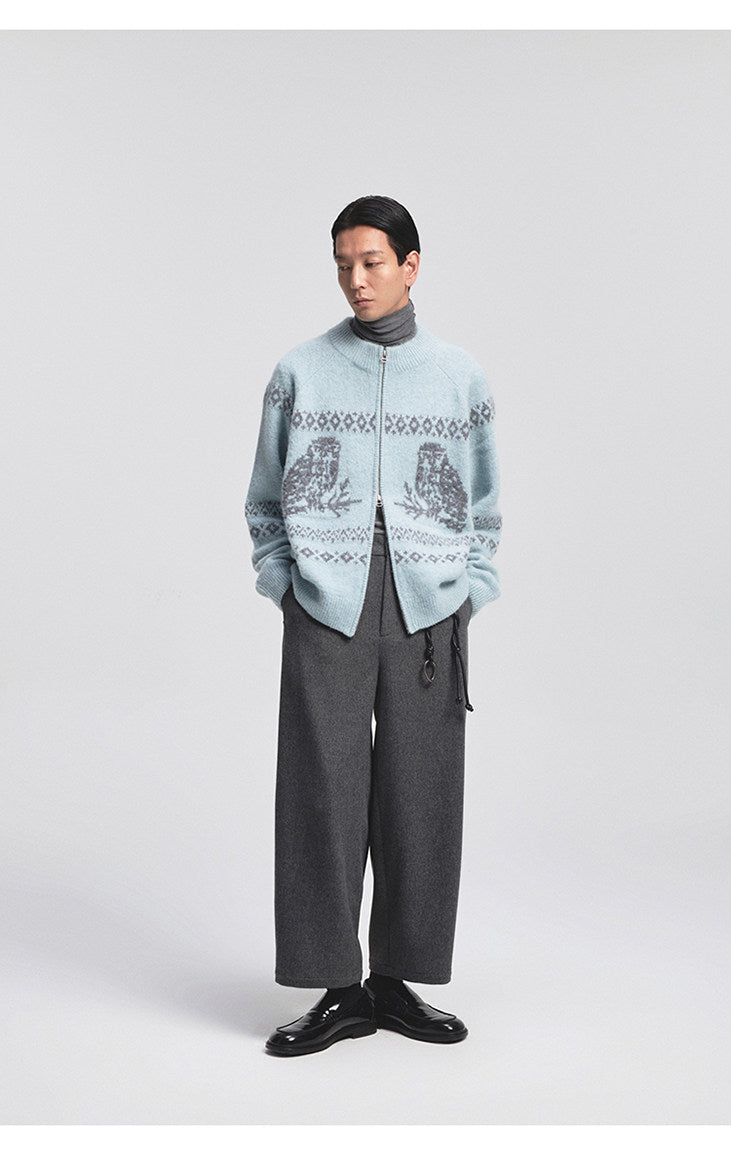 Vintage Animal Jacquard Zipper Cardigan