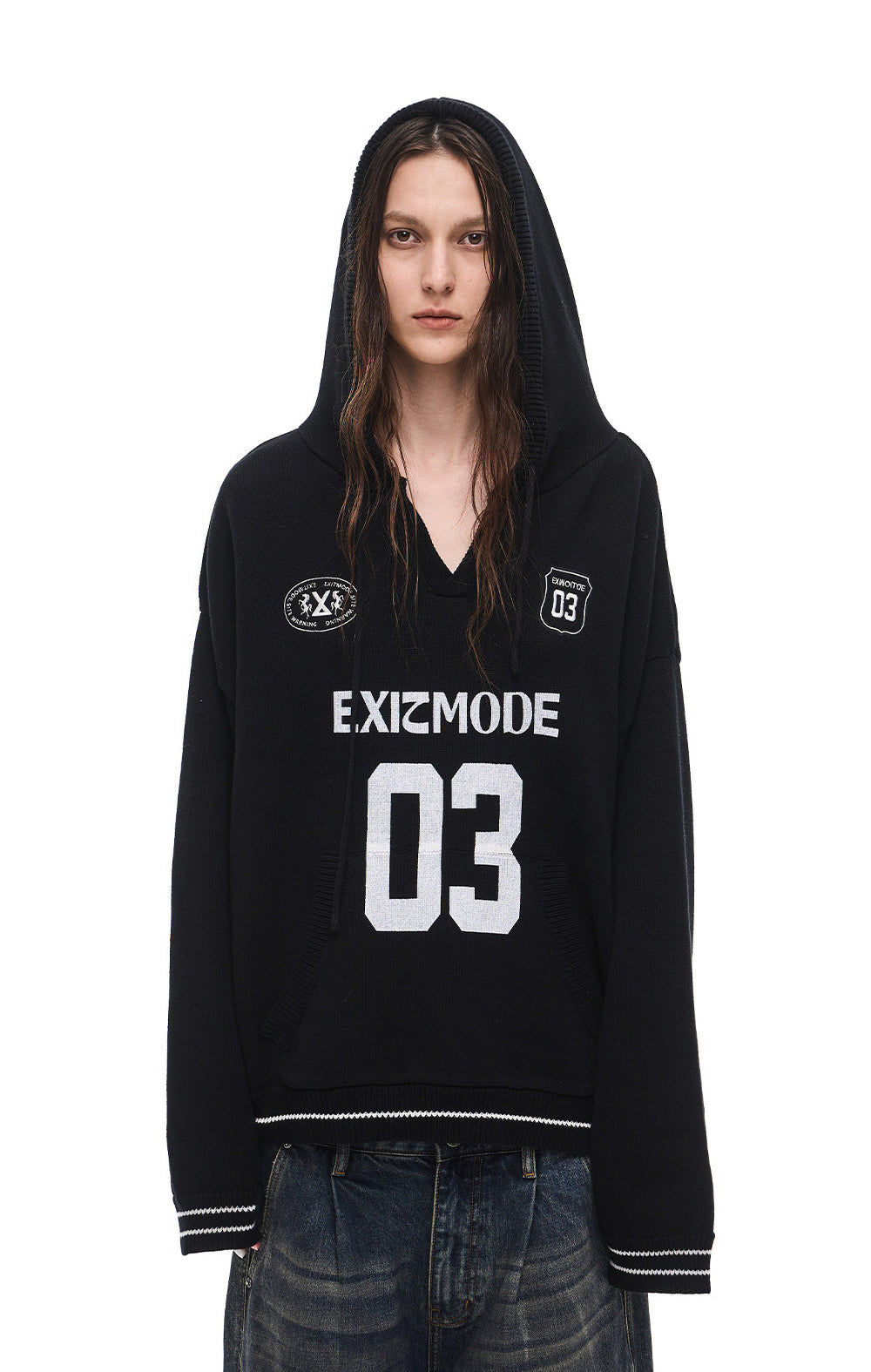 V-Neck Sweater with Embroidered Hood
