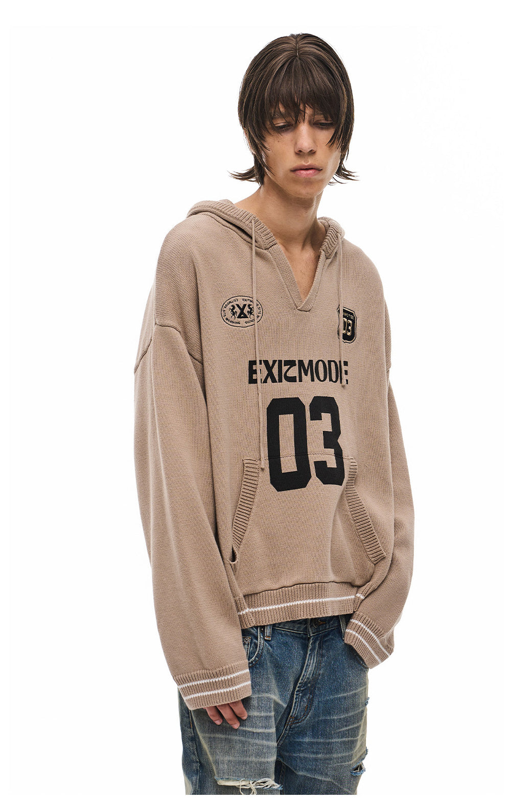 V-Neck Sweater with Embroidered Hood