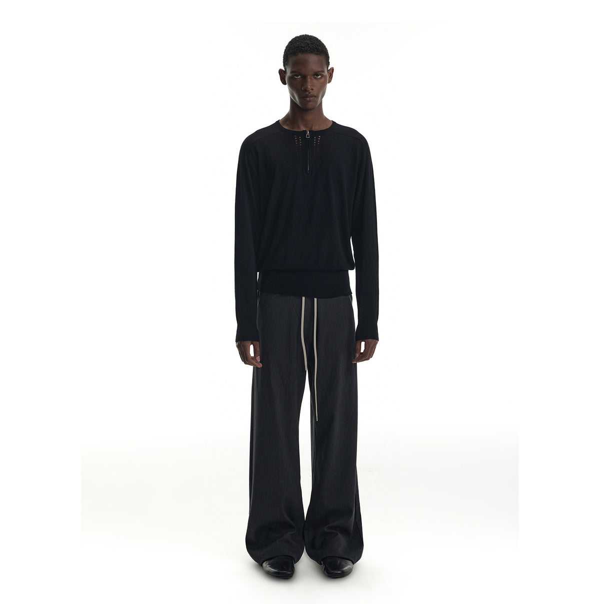 Lightweight Knit Sweater with Half-Zip and Openwork Design