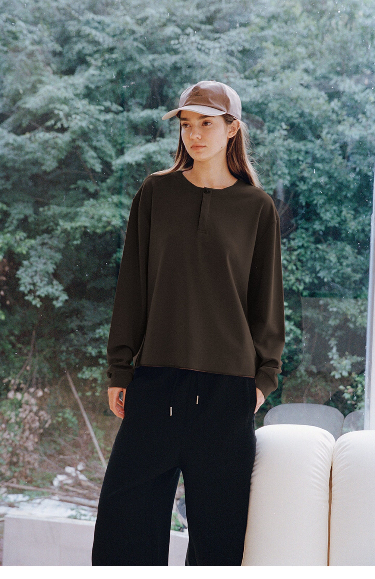 Single-button henley-neck T-shirt