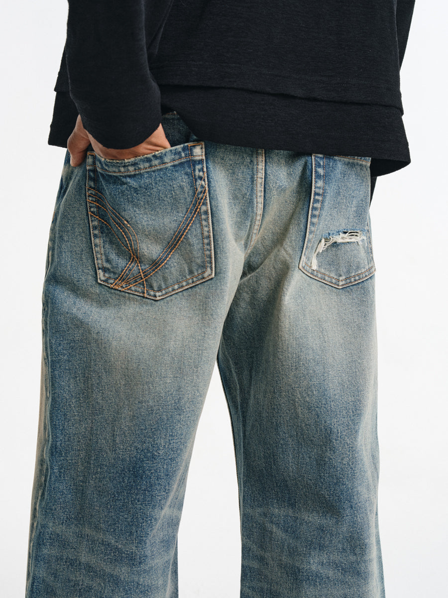 Hand Stitched Ripped Slim Straight Jeans