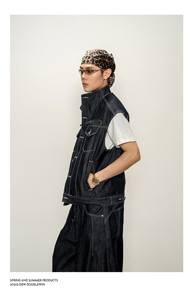 Lined Stand-Up Collar Denim Vest