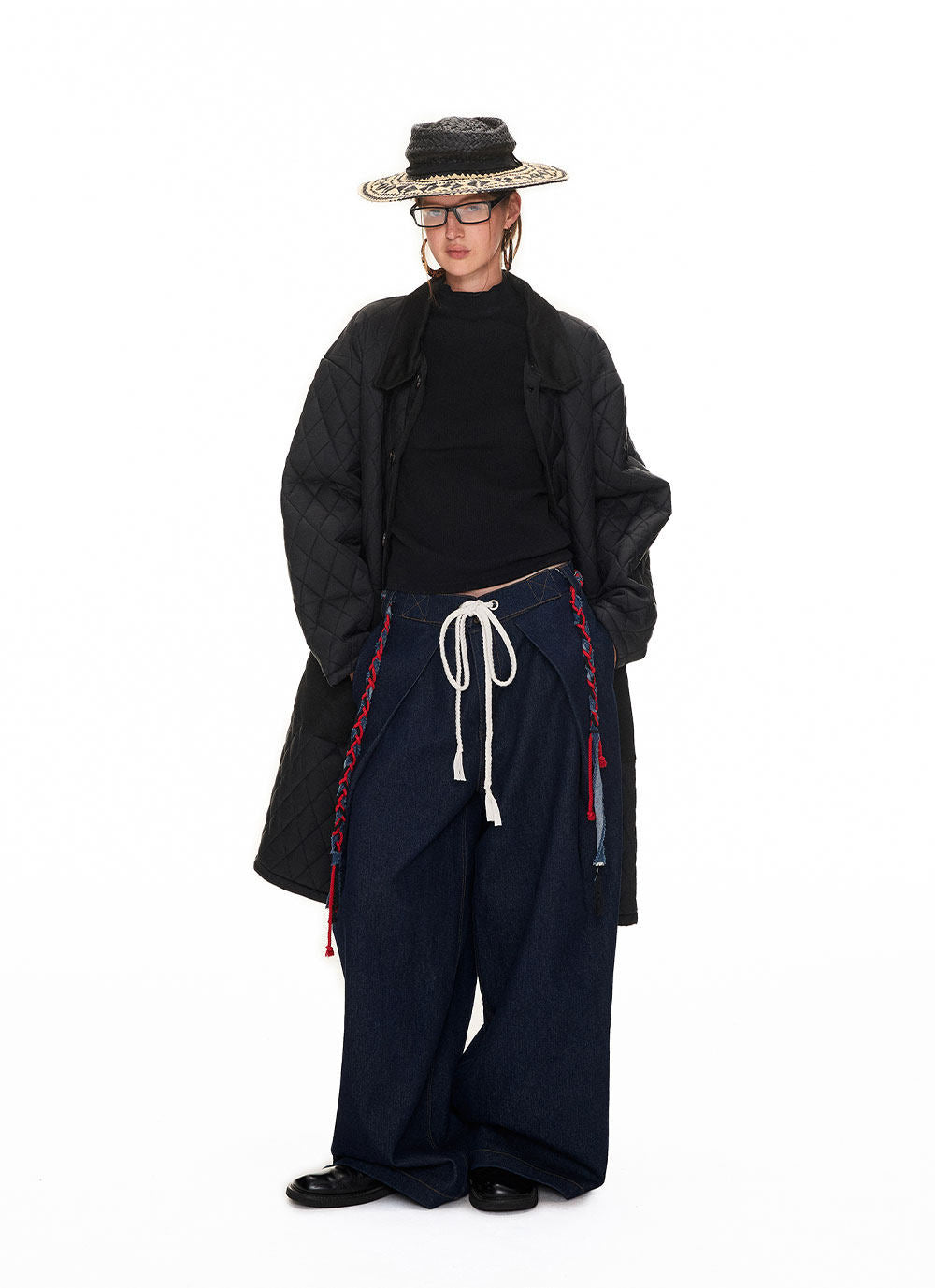 Diamond-patterned coat with lapels