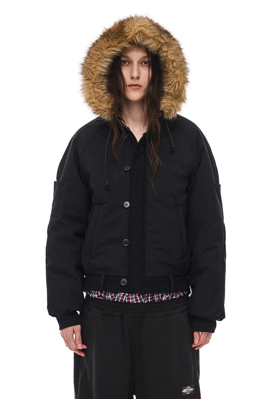 Cotton Jacket with Leopard-Print Lining and Pilot Hood