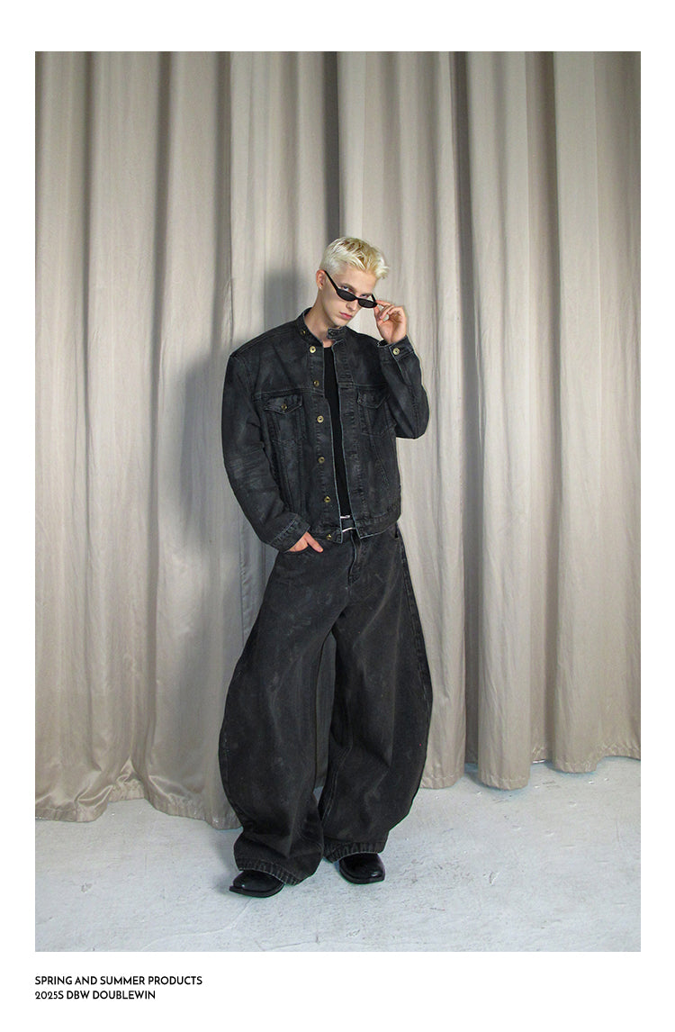 Mud-dyed distressed denim jacket set