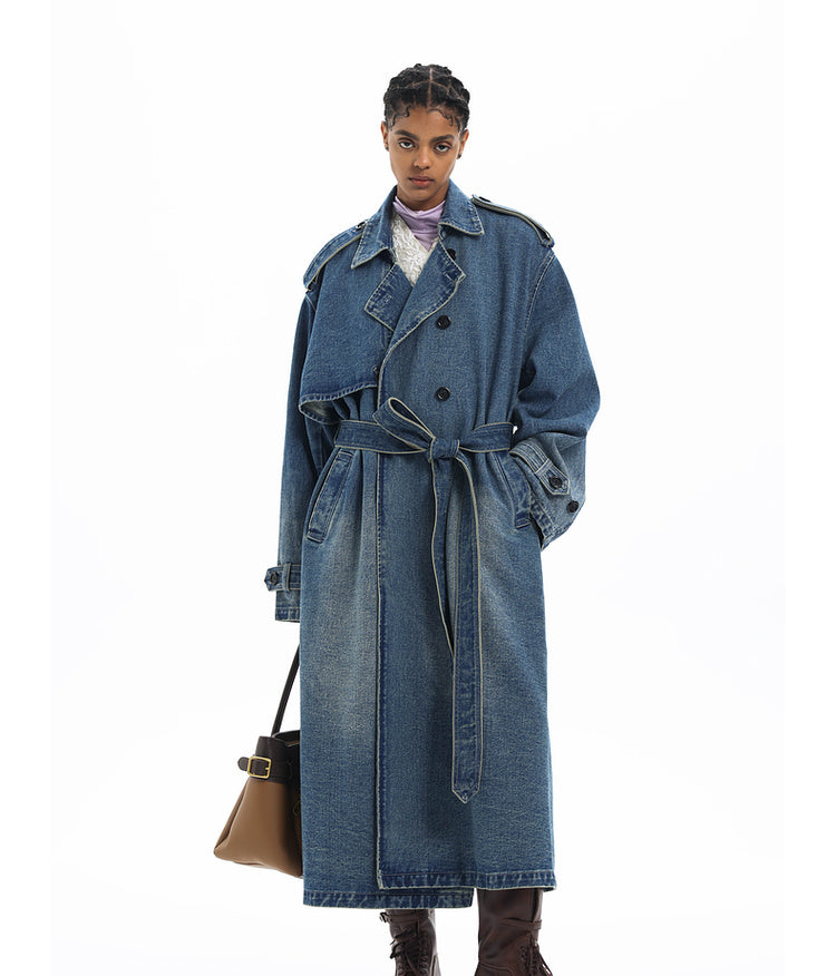 Double-breasted denim long coat