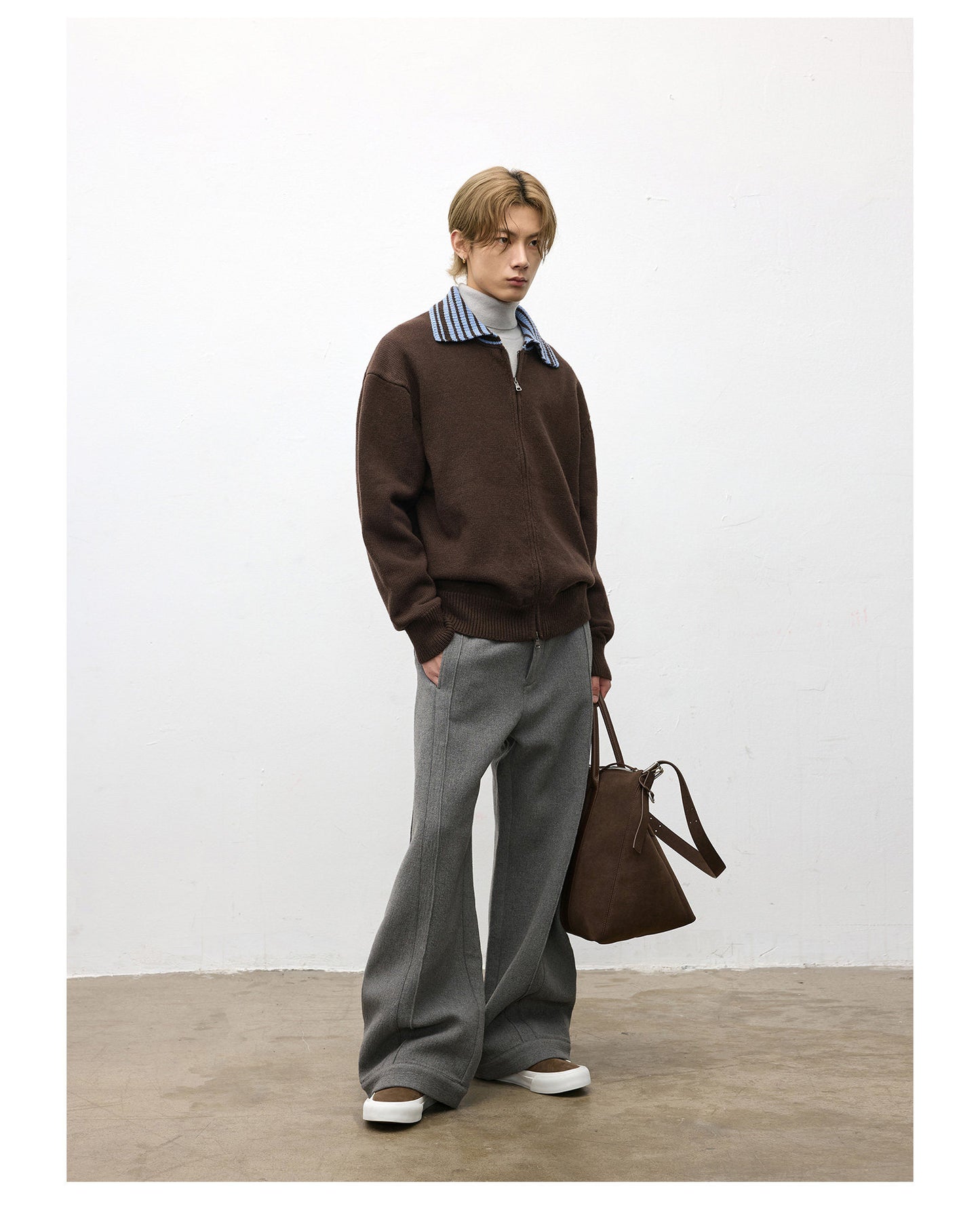 Color Block Lapel Zipper Sweater