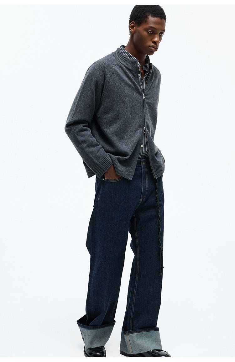 Crew Neck Double Zipper Cardigan