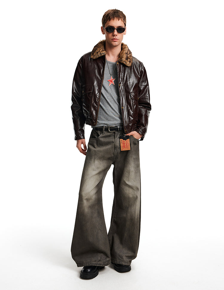 Patchwork Fur Collar Leather Jacket