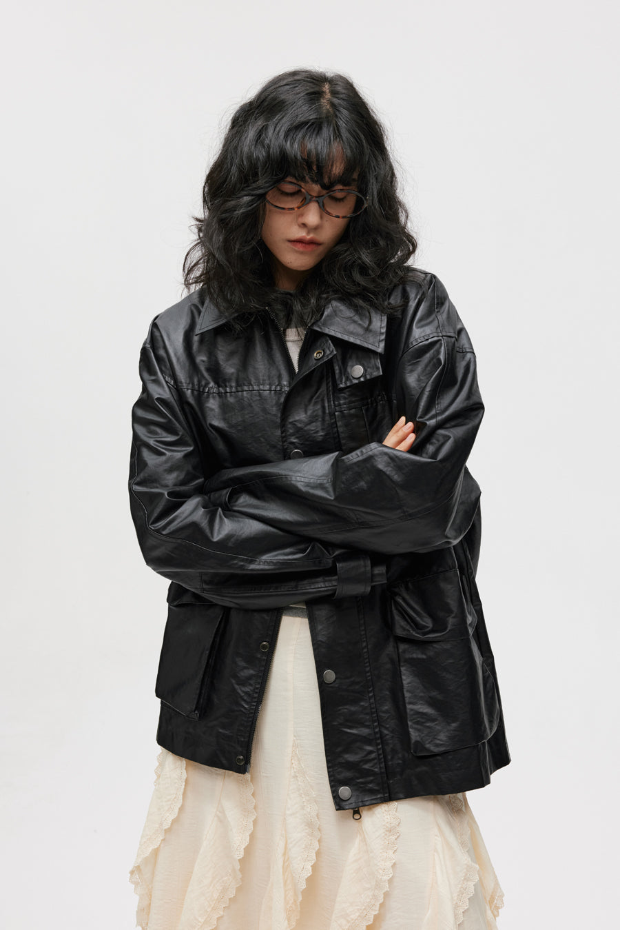 Imitation leather mid-length jacket