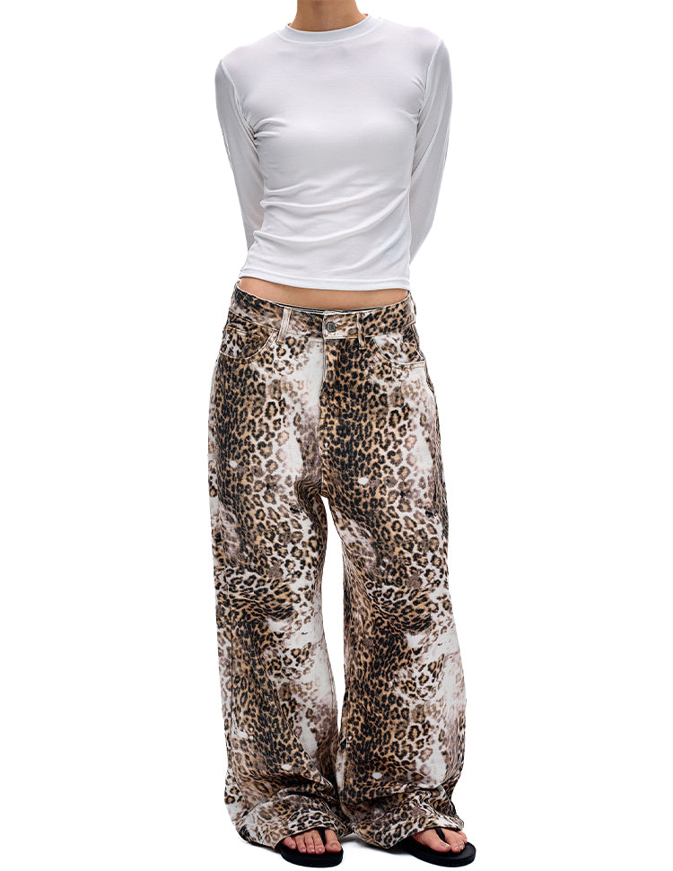 Heavy-Wash Leopard Print Casual Pants