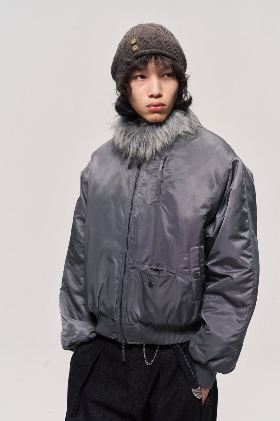 Fur collar bomber jacket