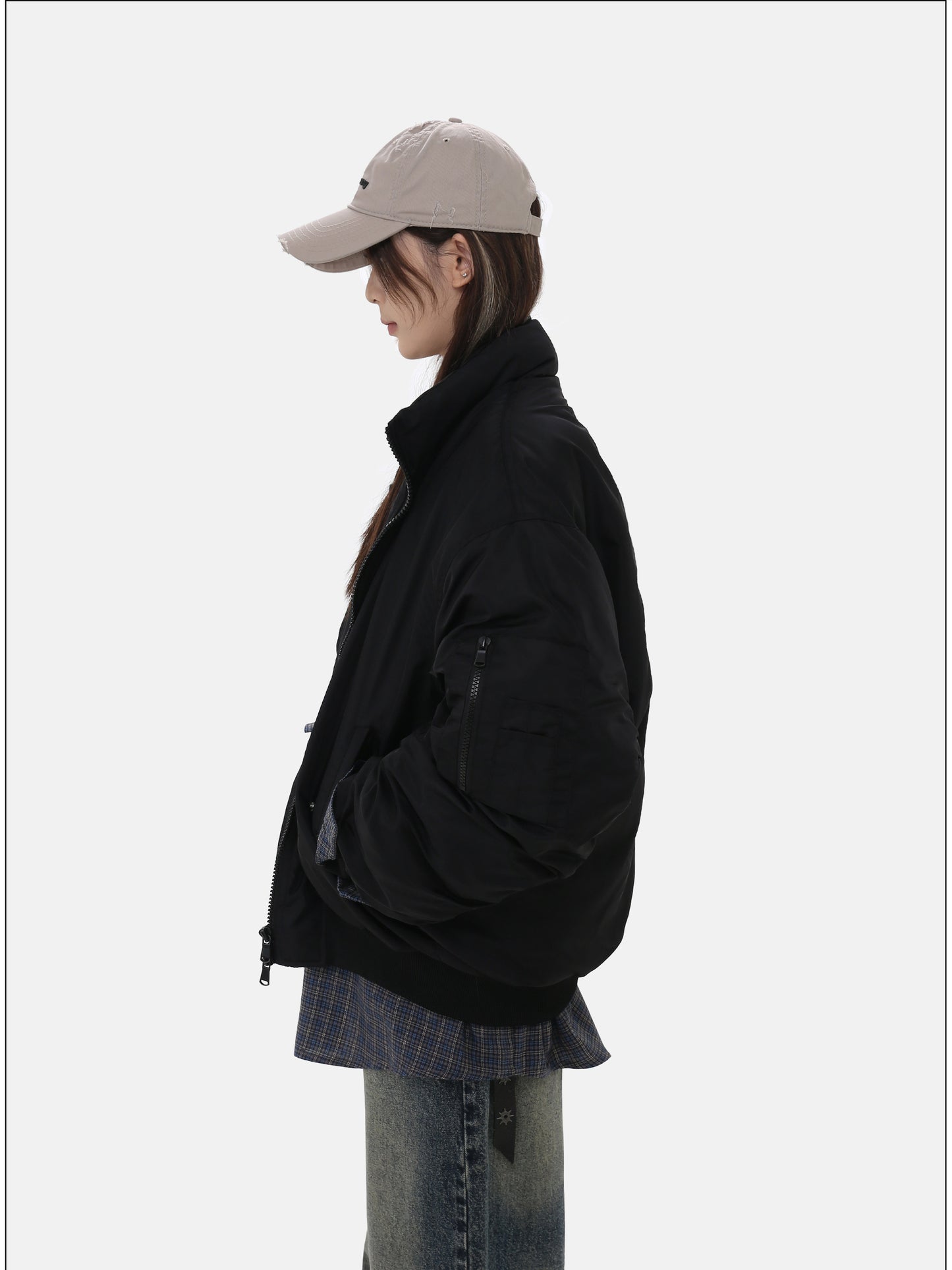 Loose-fit Stand Collar Cotton Jacket