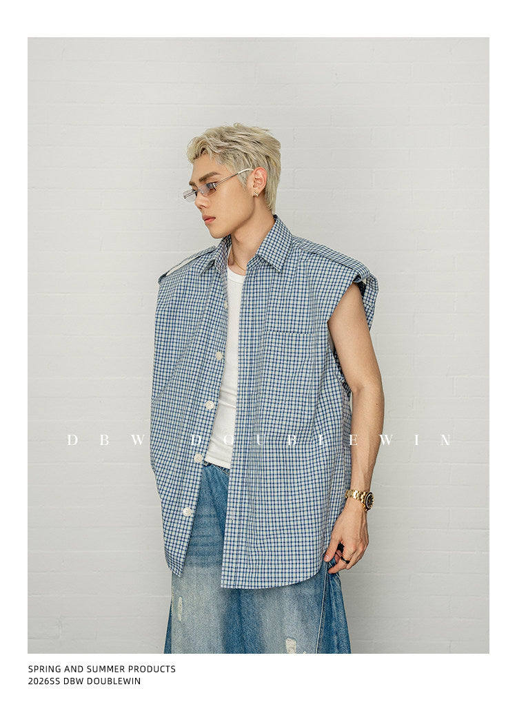 체크 민소매 셔츠