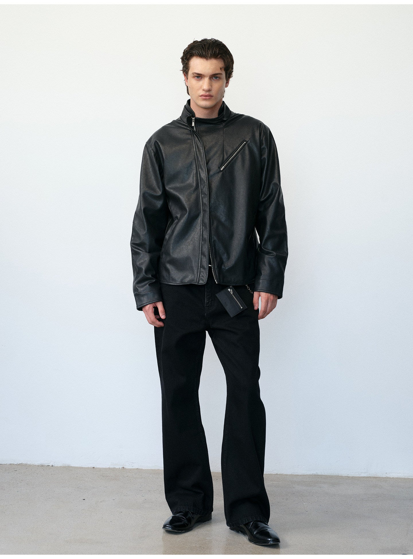 Microfiber-Leather Blend Stand-Collar Jacket
