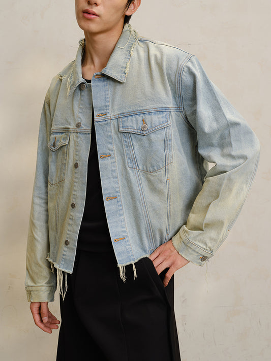 Mud-dyed short denim jacket