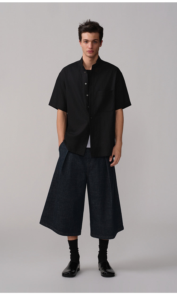 Casual Shirt with Stand-Up Collar and Pockets
