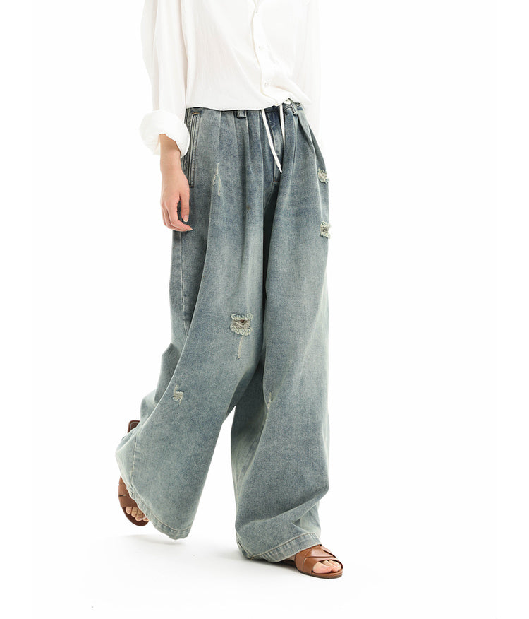 Multi-washed drawstring wide-leg jeans