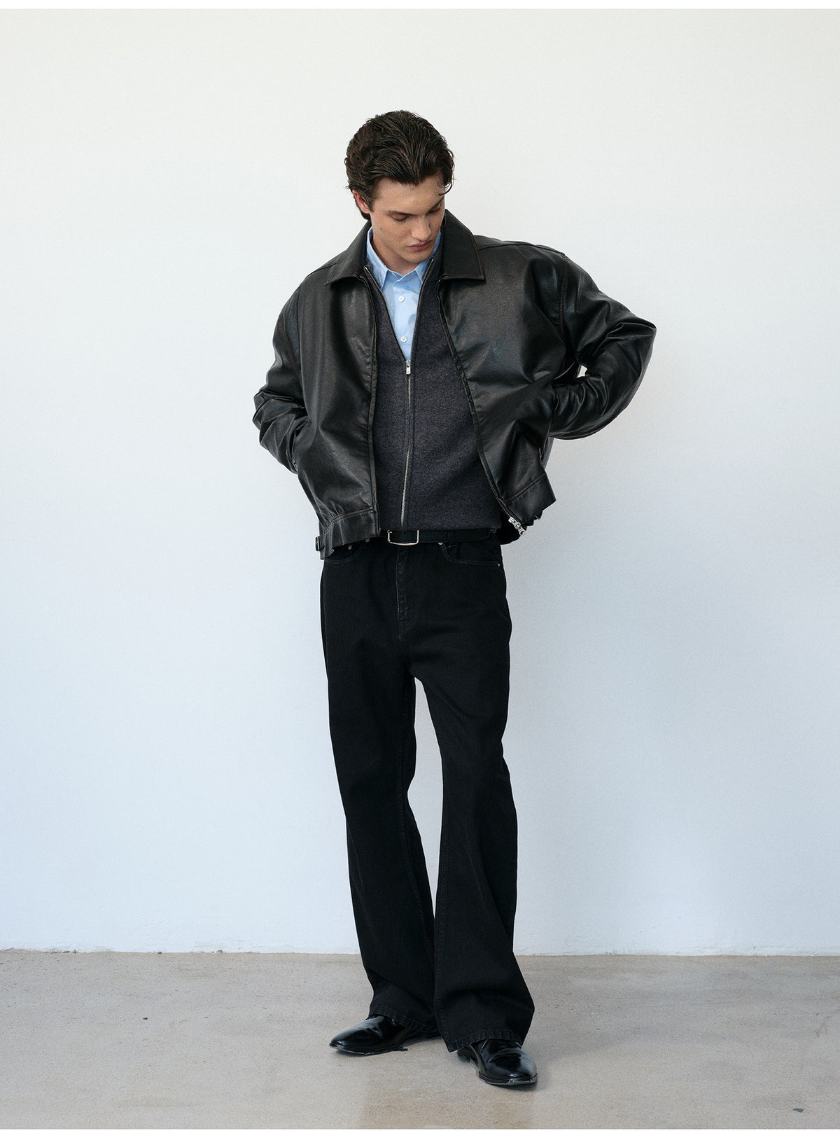 Boxy Short Leather Jacket with Simple Wash Finish
