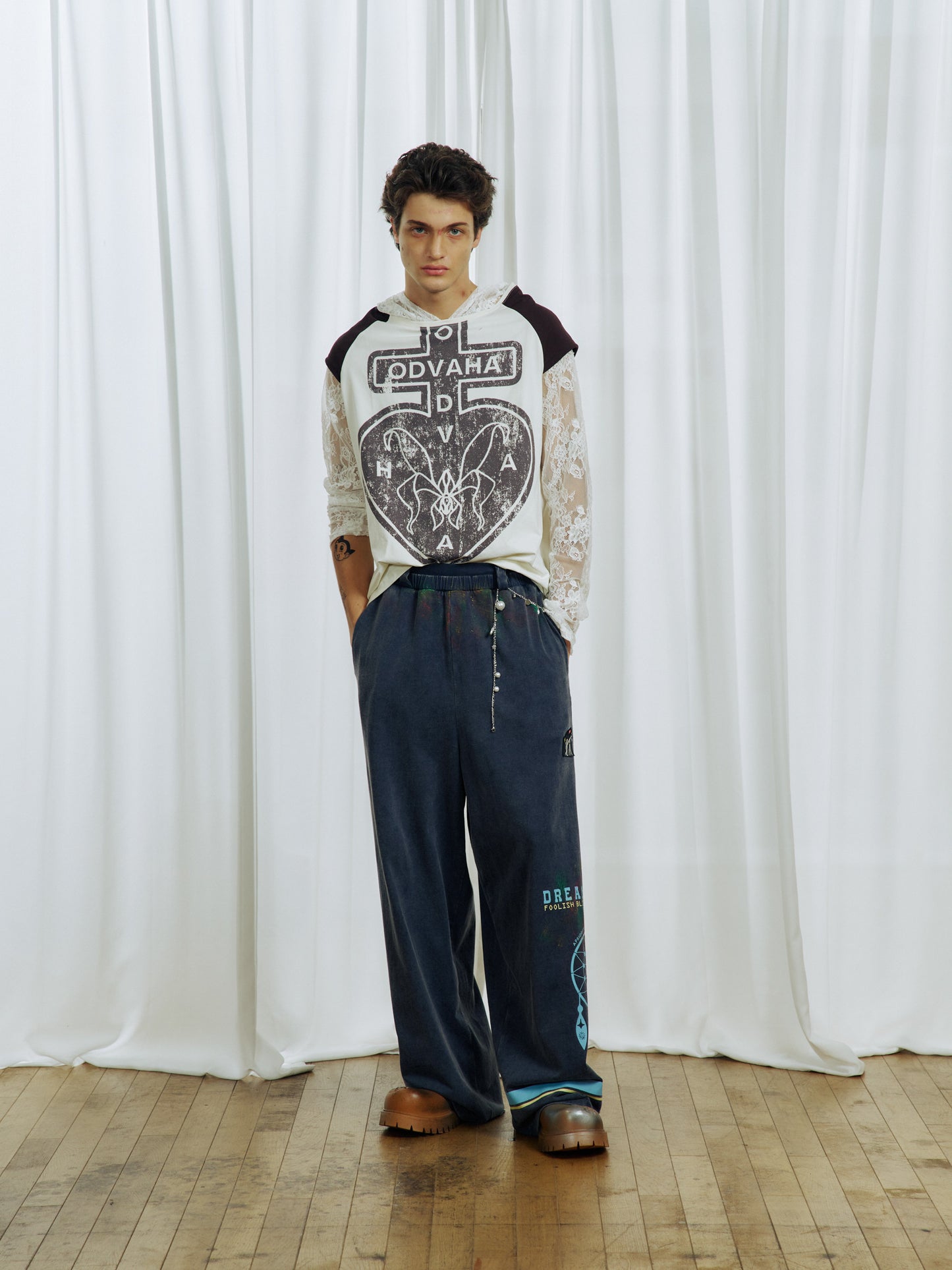 Lace-effect two-piece printed T-shirt