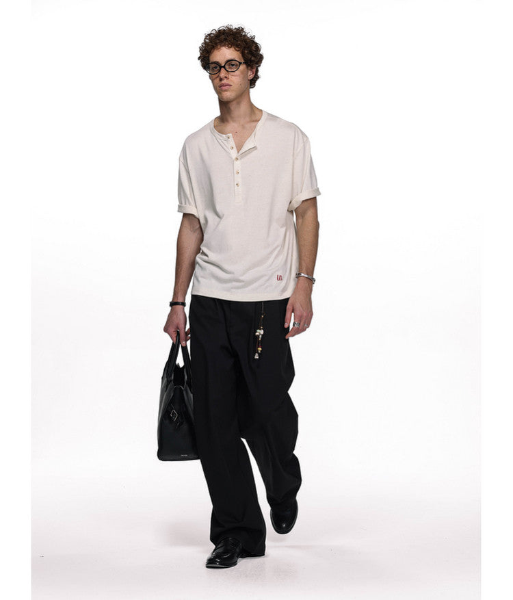 Letter-Embroidered Henley Collar T-Shirt