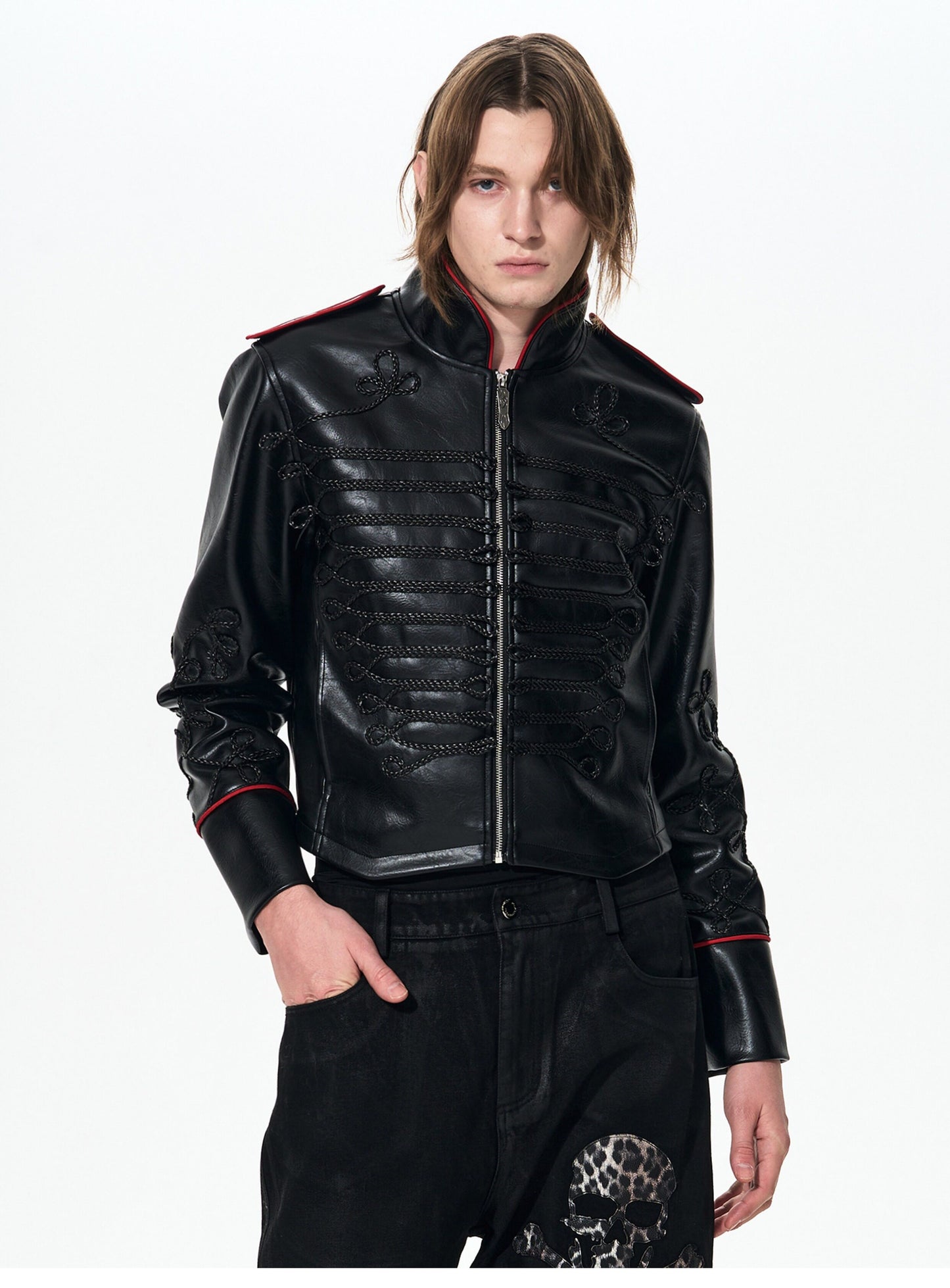 Rope Embroidery Leather Jacket