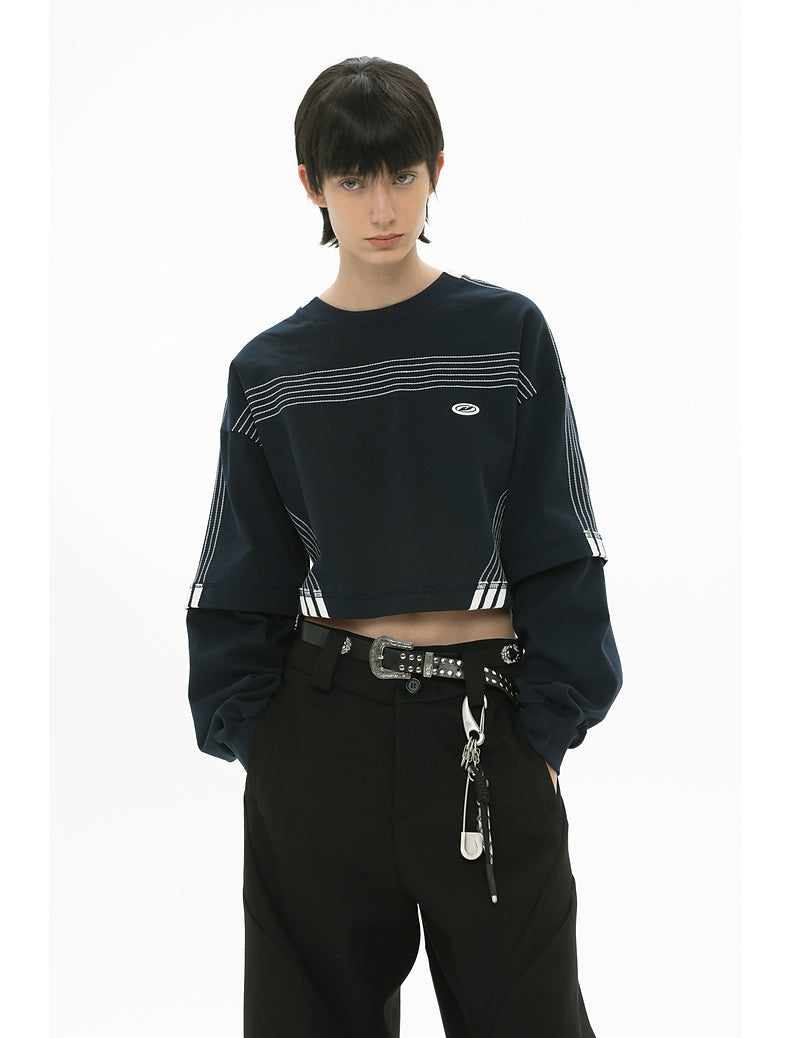 Embroidery Striped Faux Two Piece Round Neck Couple Long Sleeve T-Shirt