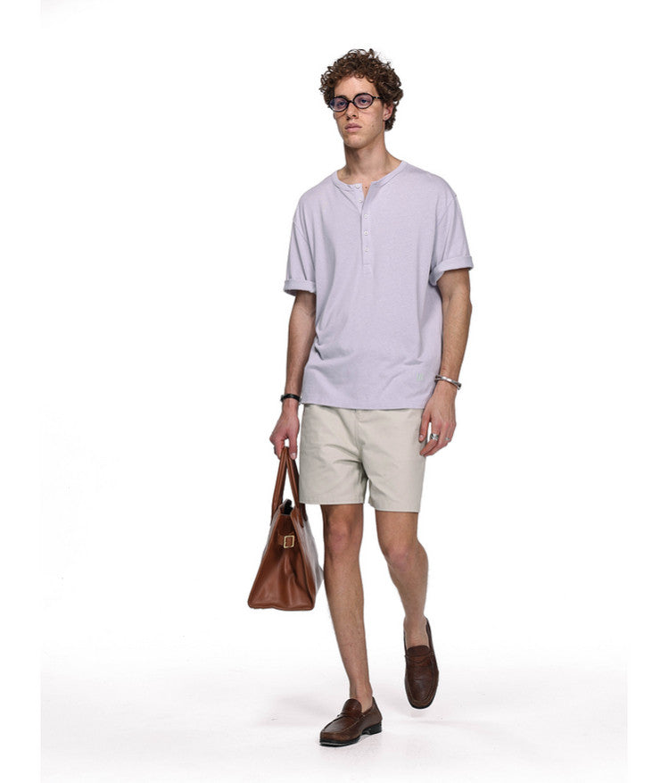 Letter-Embroidered Henley Collar T-Shirt