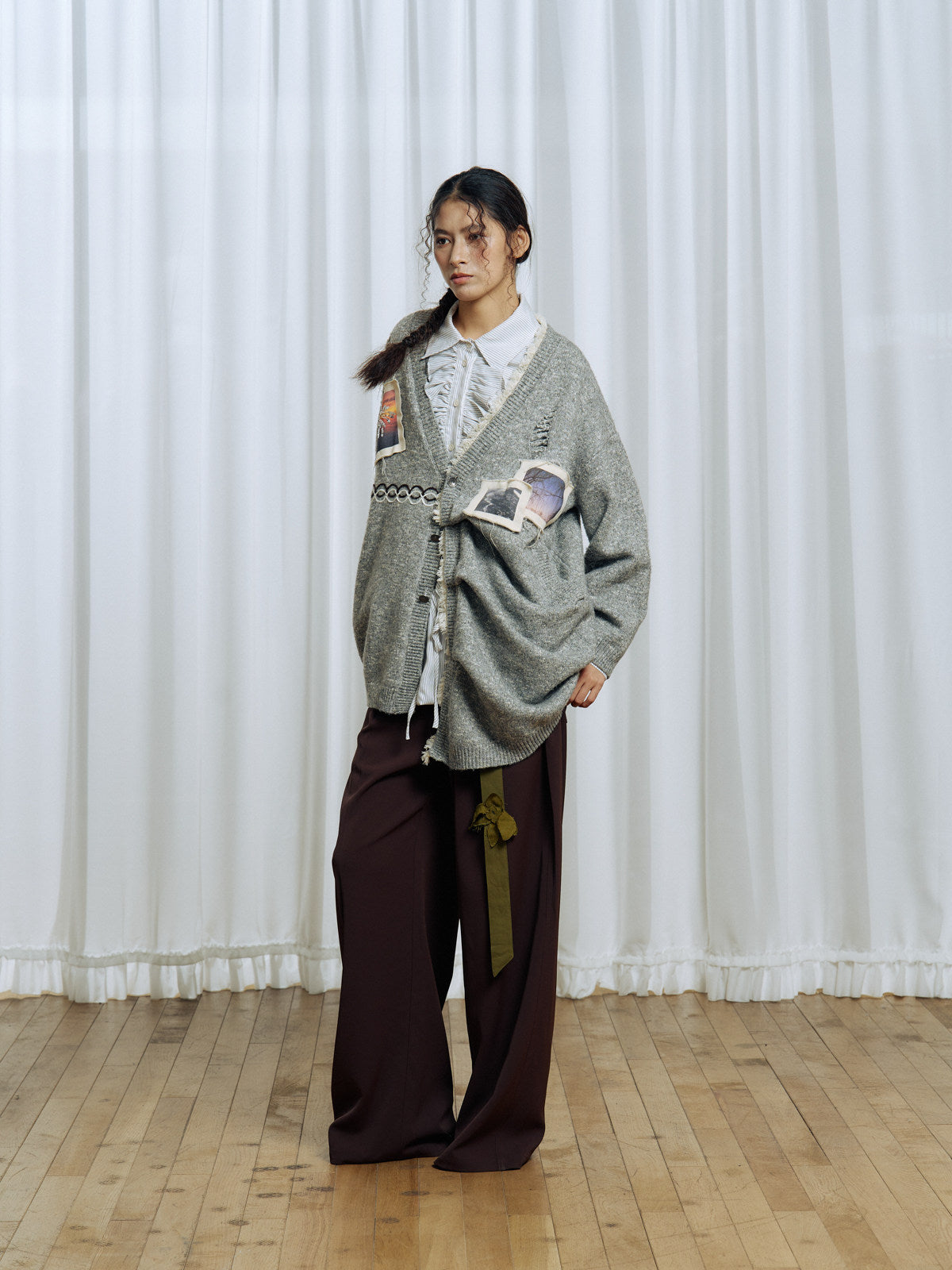 Pleated Design Blend Knit Cardigan