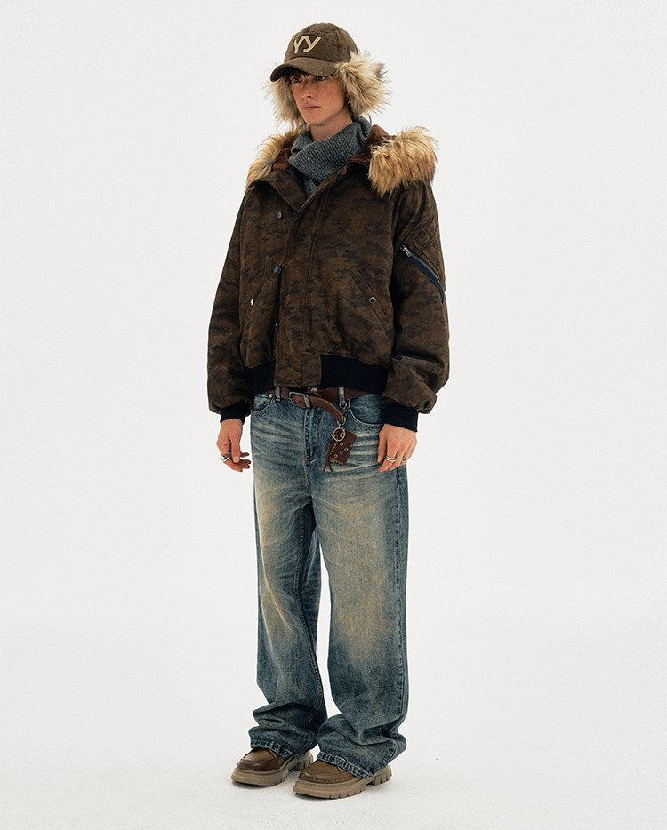 Distressed finish camouflage fur-collar jacket