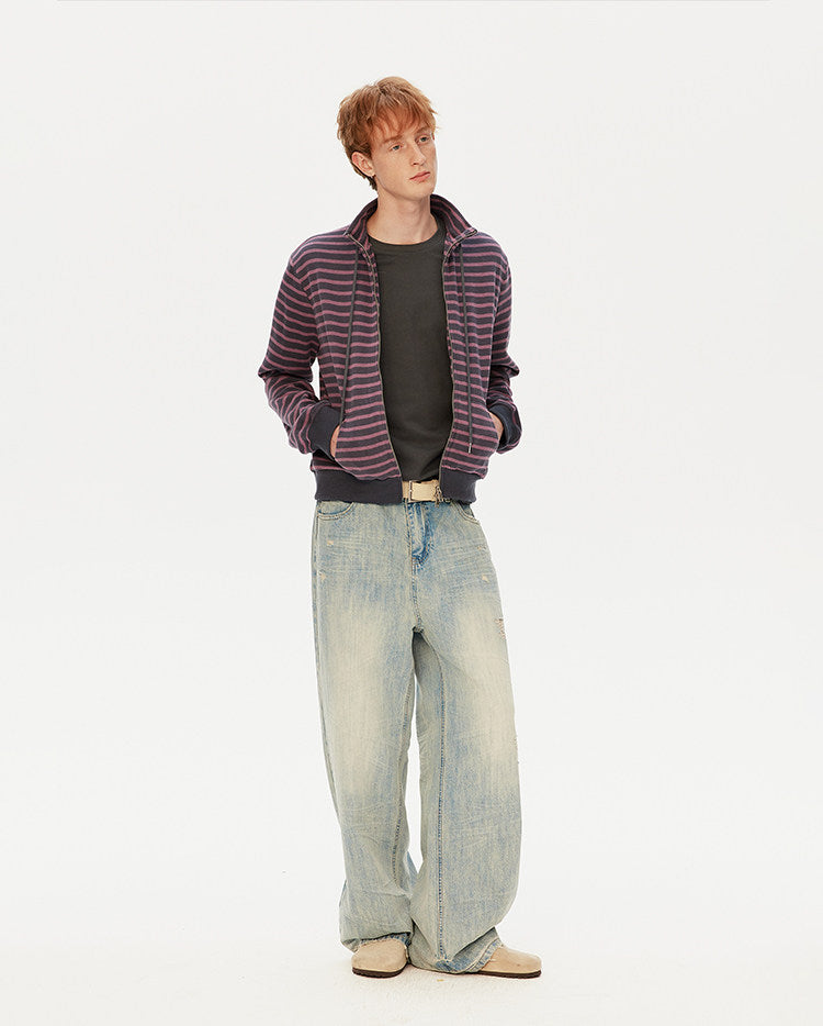 Striped Stand Collar Zipper Cardigan